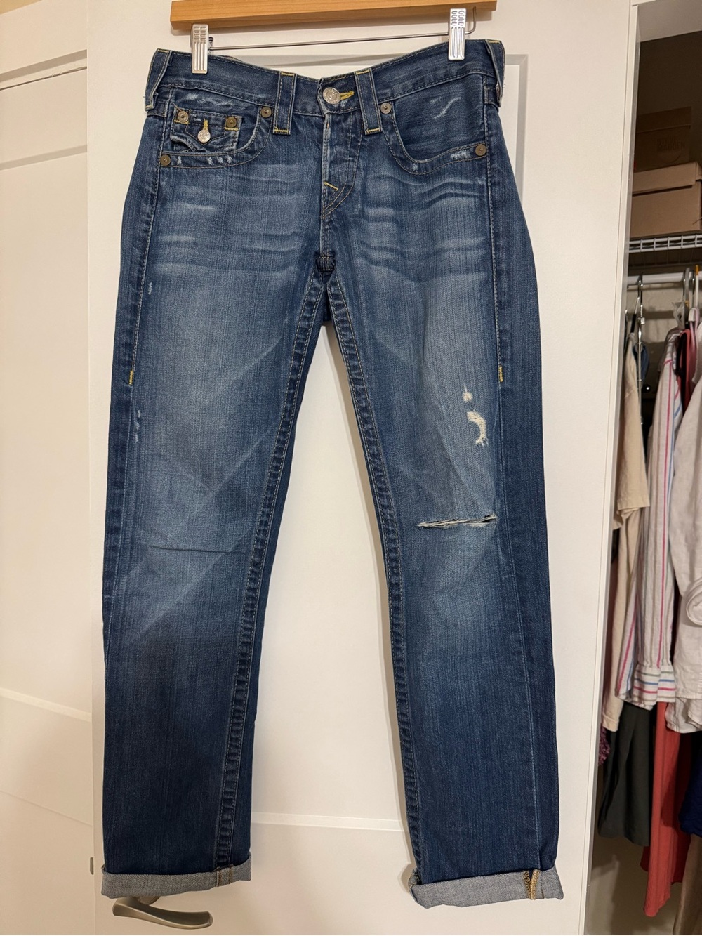 True Religion Womens Straight Leg Jeans Distressed Blue Denim Jordan Size 25